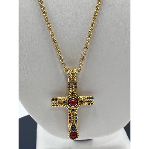 Vintage Designer Signed Camrose & Kross JBK Gold Plated Religious Cross Necklace - Picture 3 of 15